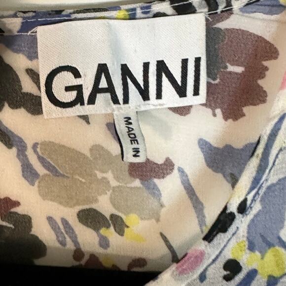 GANNI Floral Plisse Pleated Georgette Mini Dress in Ivory Floral - Picture 6 of 7